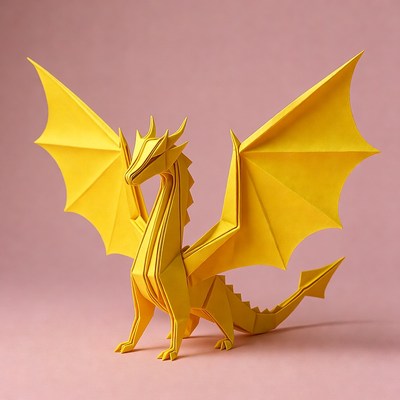 Yellow origami dragon on pink background