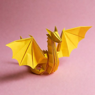 Yellow origami dragon on pink background