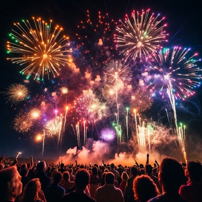 Crowd watching colorful fireworks display