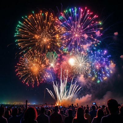 Crowd watching colorful fireworks display