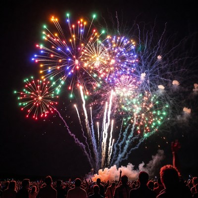 Colorful Fireworks Over Cheering Crowd