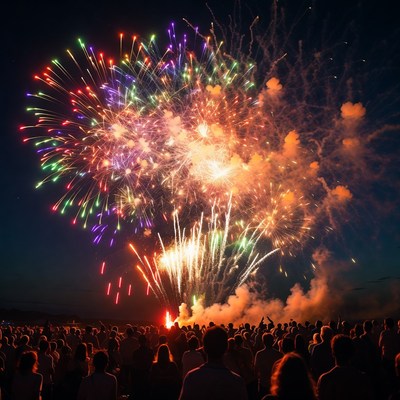Crowd watching colorful fireworks display
