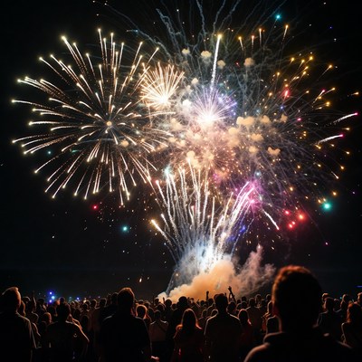 Crowd watching colorful fireworks display