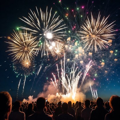 Crowd watching colorful fireworks display