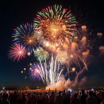 Colorful Fireworks Over Crowd at Night