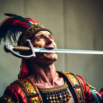 Man sword swallowing in ornate costume