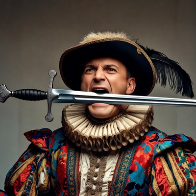 Man biting sword in Renaissance costume