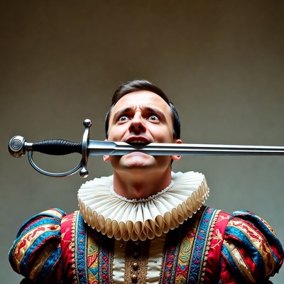 Man biting sword in Renaissance costume