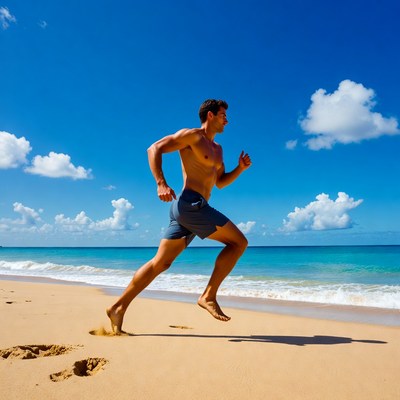 Muscular man running on beach
