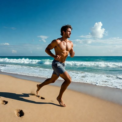 Muscular man running on beach