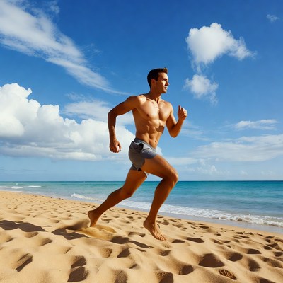 Fit man running on beach