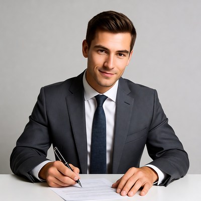 Man signing documents in suit
