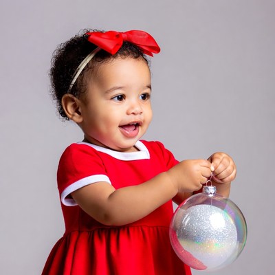 Baby girl holding Christmas ornament