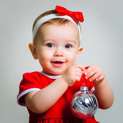 Baby girl holding silver Christmas ornament