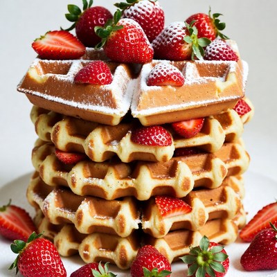 Waffles Topped with Strawberries and Powdered Sugar