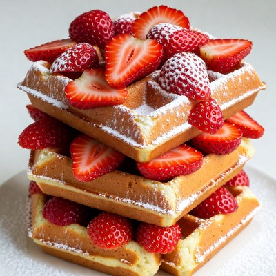 Strawberry Topped Waffles with Powdered Sugar