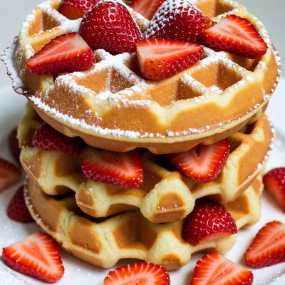Waffles with Strawberries and Powdered Sugar