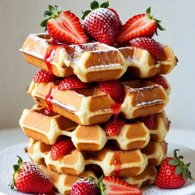 Waffles topped with strawberries