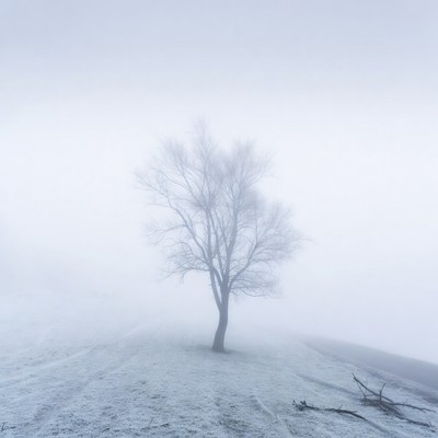 Lonely Tree in Snowy Fog