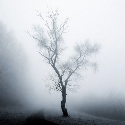 Lonely Tree in Foggy Landscape