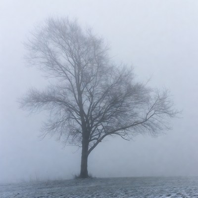 Bare tree in foggy snowy field