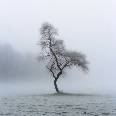 Lonely Tree in Foggy Field
