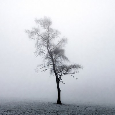 Lonely Tree in Snowy Fog