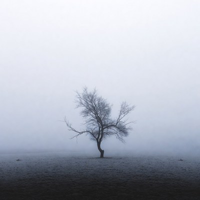 Lonely Tree in Foggy Field