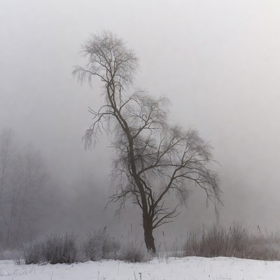 Lonely bare tree in snowy fog