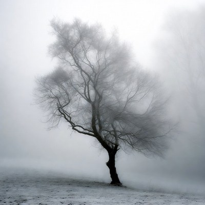 Lonely Tree in Snowy Fog