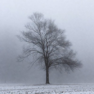 Lonely Tree in Snowy Fog