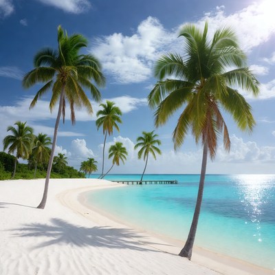 Tropical Beach with Palm Trees and Pier