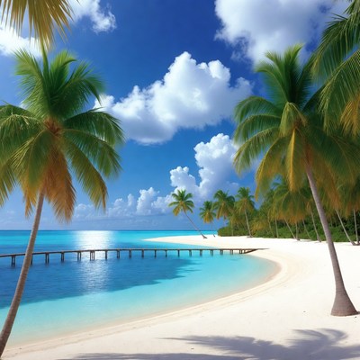 Tropical Beach with Palm Trees and Pier