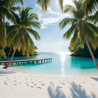 Tropical Beach with Palm Trees and Pier