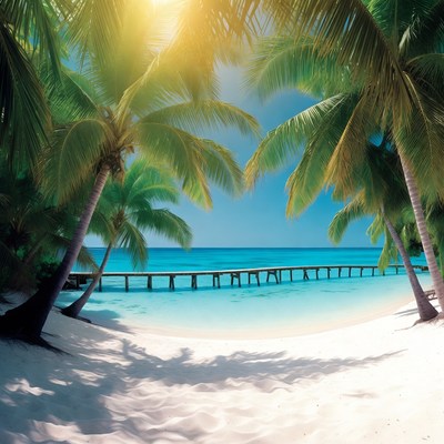 Tropical Beach with Palm Trees Pier