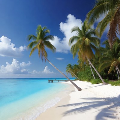 Tropical Beach with Palm Trees and Pier