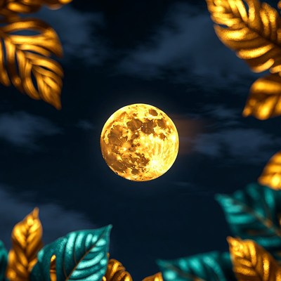 Golden Full Moon with Tropical Leaves