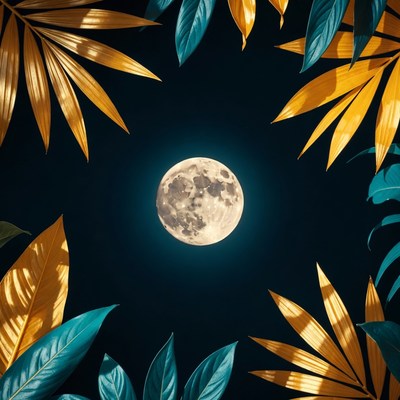 Full Moon Framed by Tropical Leaves