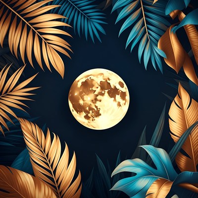 Golden Blue Palm Leaves Full Moon