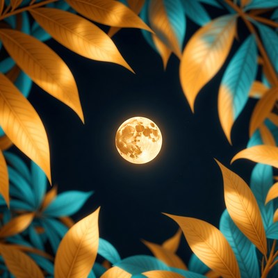 Full Moon Framed by Tropical Leaves