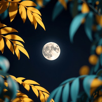 Full Moon Through Colorful Leaves