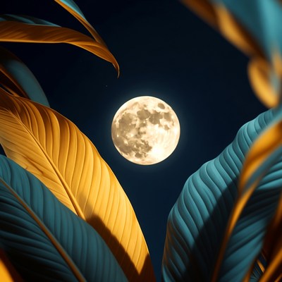 Full Moon Behind Tropical Leaves