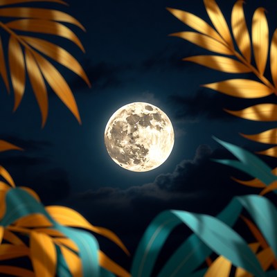Full Moon Behind Tropical Leaves
