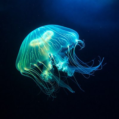 Glowing Blue Jellyfish in Dark Ocean