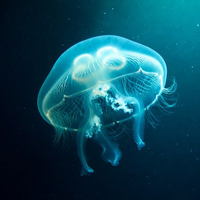 Glowing jellyfish in dark ocean