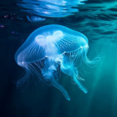 Glowing Blue Jellyfish Underwater