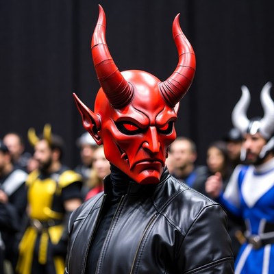 Man wearing red demon mask cosplay