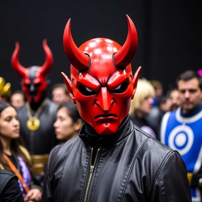 Man wearing red demon mask