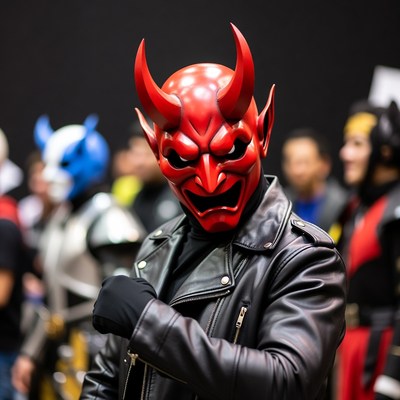 Man in red Oni demon mask