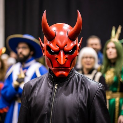 Man wearing red Oni demon mask